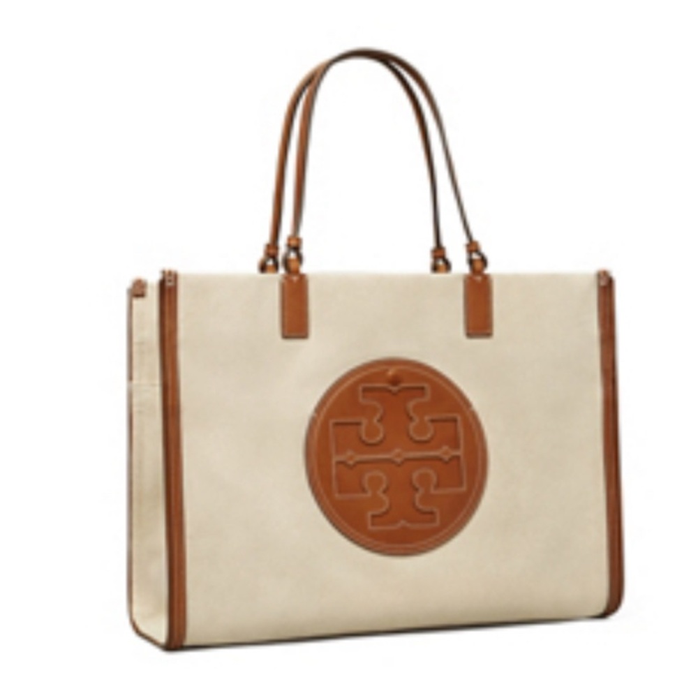 The best Tory Burch Ella Canvas Tote Bag color: Natural / Classic Cuoio